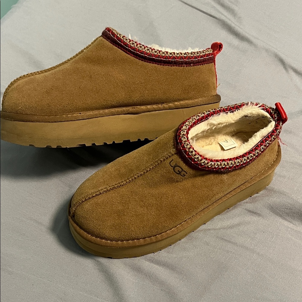 UGG Tan Suede Slip-Ons with Red Trim